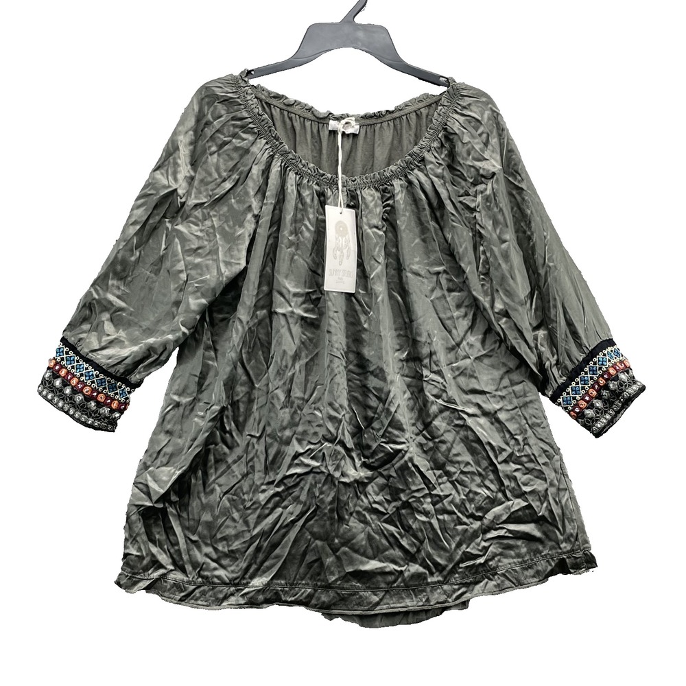 Sunny Studio Silk Blend Dress Womens Olive Off the Shoulder Embellished Boho Y2k